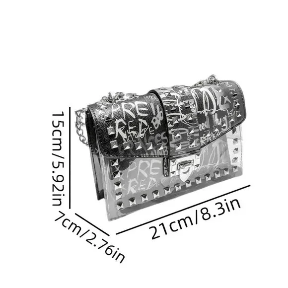 ๐ Graffiti Print Clear 2pc Crossbody Clutch w/ Studs & Removable Zippered Pouch - Picture 13 of 13